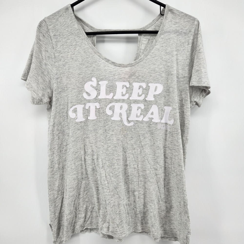 VS PINK VICTORIAS SECRET Sleepwear Gray V-Neck Short Sleeve T-Shirt Tee M